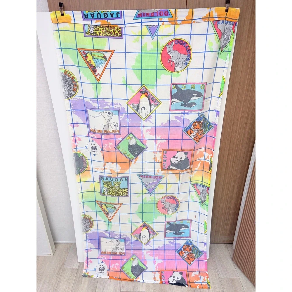 WWF Vintage 90s Rare Animal Map 4 panel Curtain Multi Color Retro Decor Wildlife